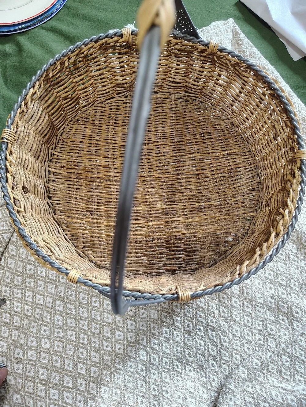 Large Woven Rattan Basket with Iron Handle And Edging
